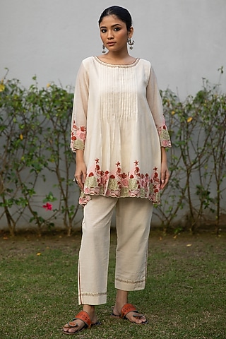 Ivory & Rust Handwoven Cotton Silk Hand Embroidered Tunic Set by VAANI BESWAL
