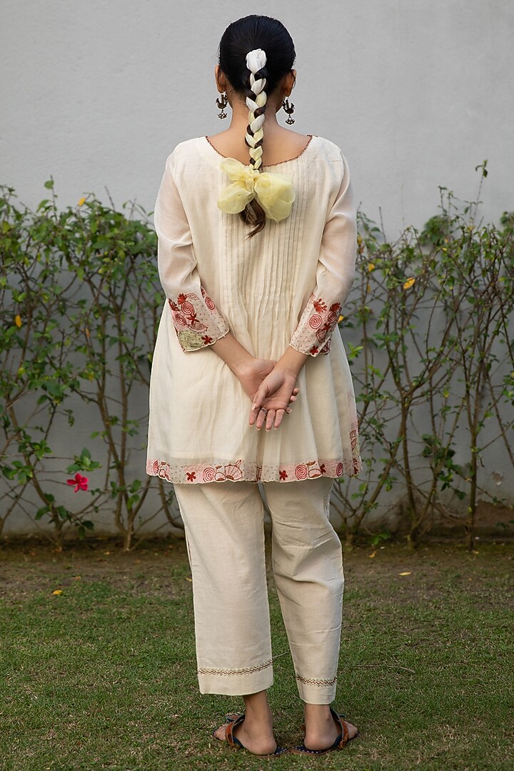 Ivory & Rust Handwoven Cotton Silk Hand Embroidered Tunic Set by VAANI BESWAL at Pernia's Pop Up Shop