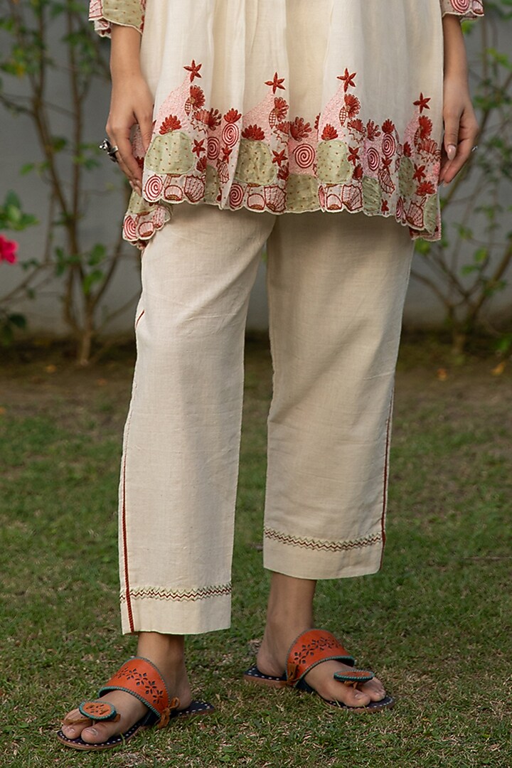Ivory & Rust Handwoven Cotton Silk Hand Embroidered Tunic Set by VAANI BESWAL at Pernia's Pop Up Shop