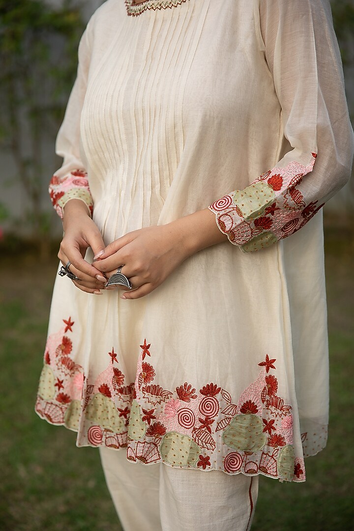Ivory & Rust Handwoven Cotton Silk Hand Embroidered Tunic Set by VAANI BESWAL at Pernia's Pop Up Shop