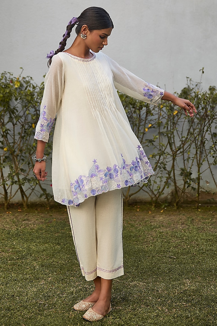 Ivory & Blue Handwoven Cotton Silk Hand Embroidered Tunic Set by VAANI BESWAL at Pernia's Pop Up Shop