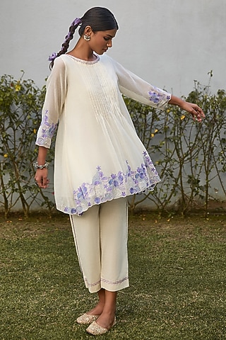 Ivory & Blue Handwoven Cotton Silk Hand Embroidered Tunic Set by VAANI BESWAL