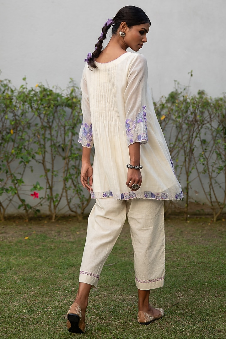 Ivory & Blue Handwoven Cotton Silk Hand Embroidered Tunic Set by VAANI BESWAL at Pernia's Pop Up Shop