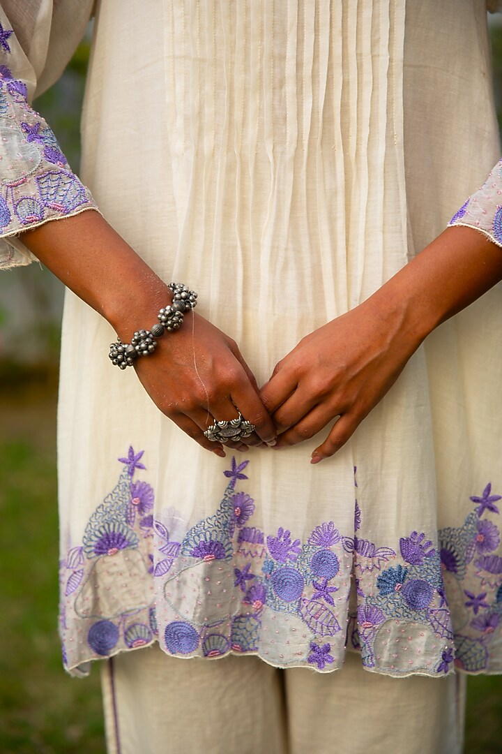 Ivory & Blue Handwoven Cotton Silk Hand Embroidered Tunic Set by VAANI BESWAL at Pernia's Pop Up Shop
