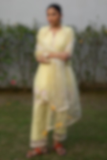 Yellow Handwoven Chanderi Hand Applique Embroidered Short Kurta Set by VAANI BESWAL at Pernia's Pop Up Shop