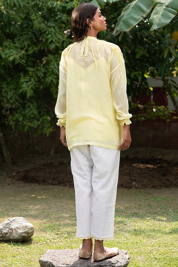 Yellow Handwoven Cotton Silk Hand Embroidered Top by VAANI BESWAL at Pernia's Pop Up Shop