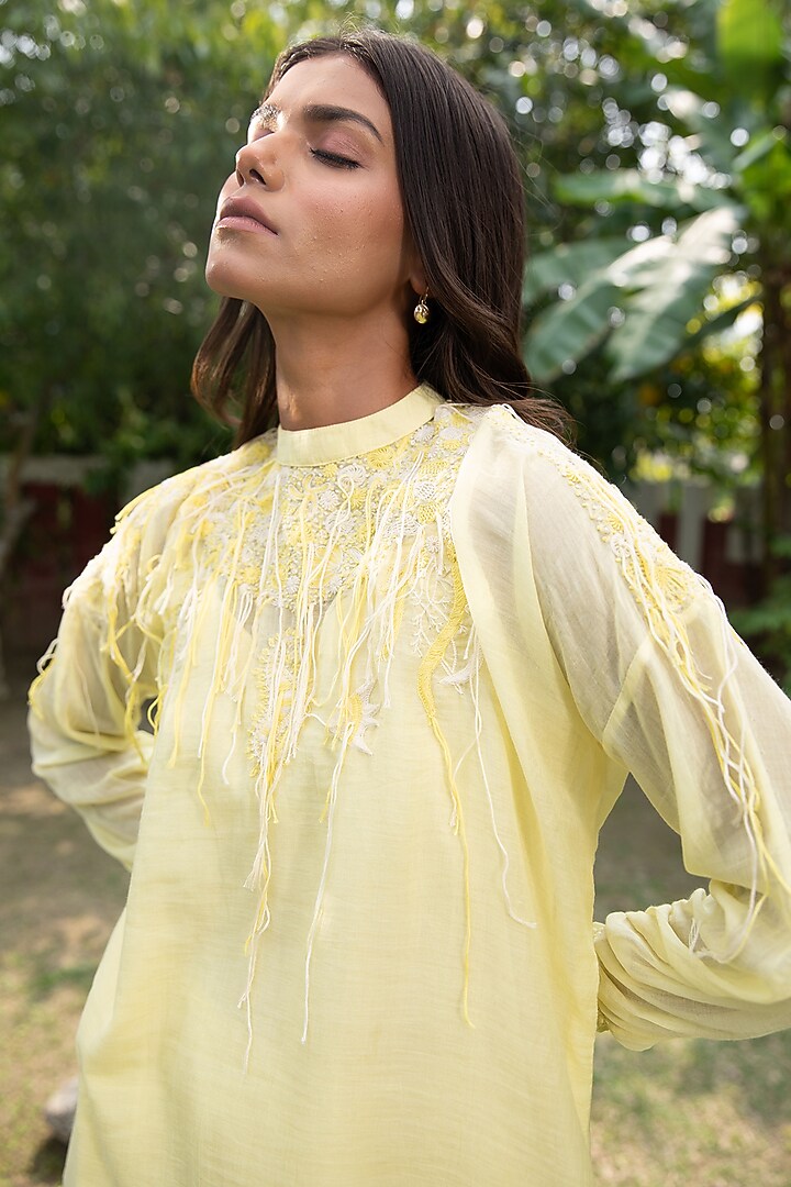 Yellow Handwoven Cotton Silk Hand Embroidered Top by VAANI BESWAL at Pernia's Pop Up Shop