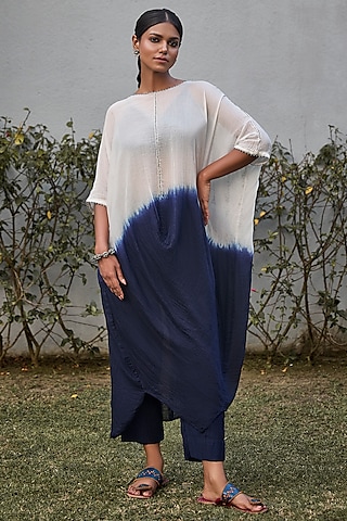 Ivory & Blue Handwoven Cotton Silk Kantha Embroidered Asymmetrical Tunic Set by VAANI BESWAL