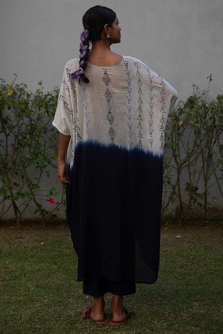 Ivory & Blue Handwoven Cotton Silk Kantha Embroidered Asymmetrical Tunic Set by VAANI BESWAL at Pernia's Pop Up Shop