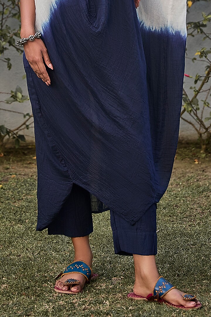 Ivory & Blue Handwoven Cotton Silk Kantha Embroidered Asymmetrical Tunic Set by VAANI BESWAL at Pernia's Pop Up Shop