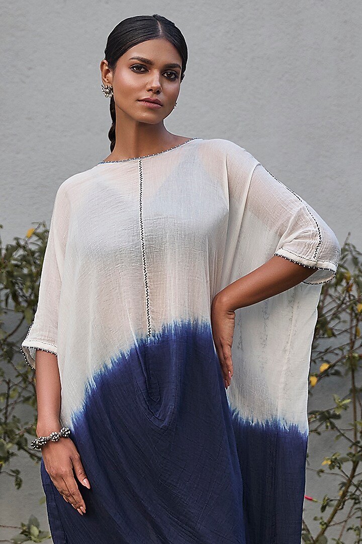 Ivory & Blue Handwoven Cotton Silk Kantha Embroidered Asymmetrical Tunic Set by VAANI BESWAL at Pernia's Pop Up Shop
