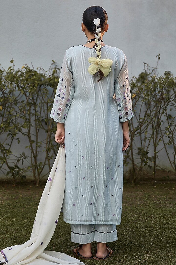 Ivory & Blue Handwoven Striped Cotton Silk Applique Work Kurta Set by VAANI BESWAL at Pernia's Pop Up Shop