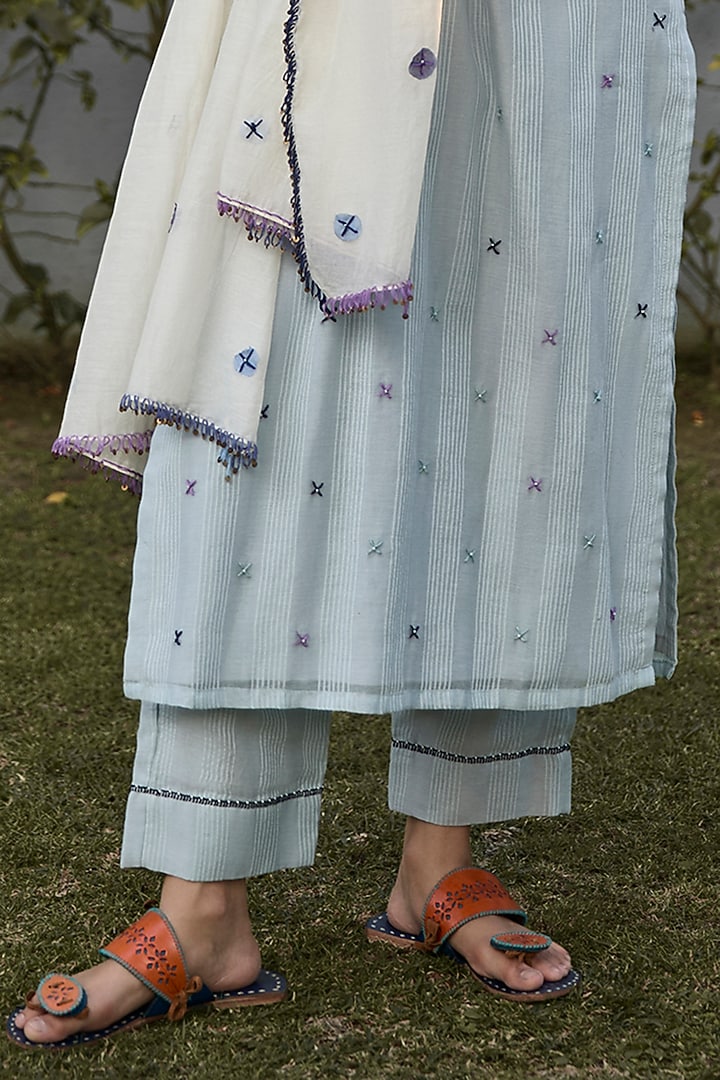 Ivory & Blue Handwoven Striped Cotton Silk Applique Work Kurta Set by VAANI BESWAL at Pernia's Pop Up Shop