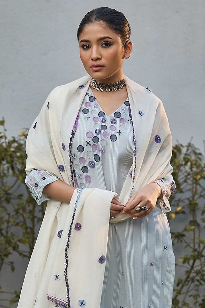 Ivory & Blue Handwoven Striped Cotton Silk Applique Work Kurta Set by VAANI BESWAL at Pernia's Pop Up Shop