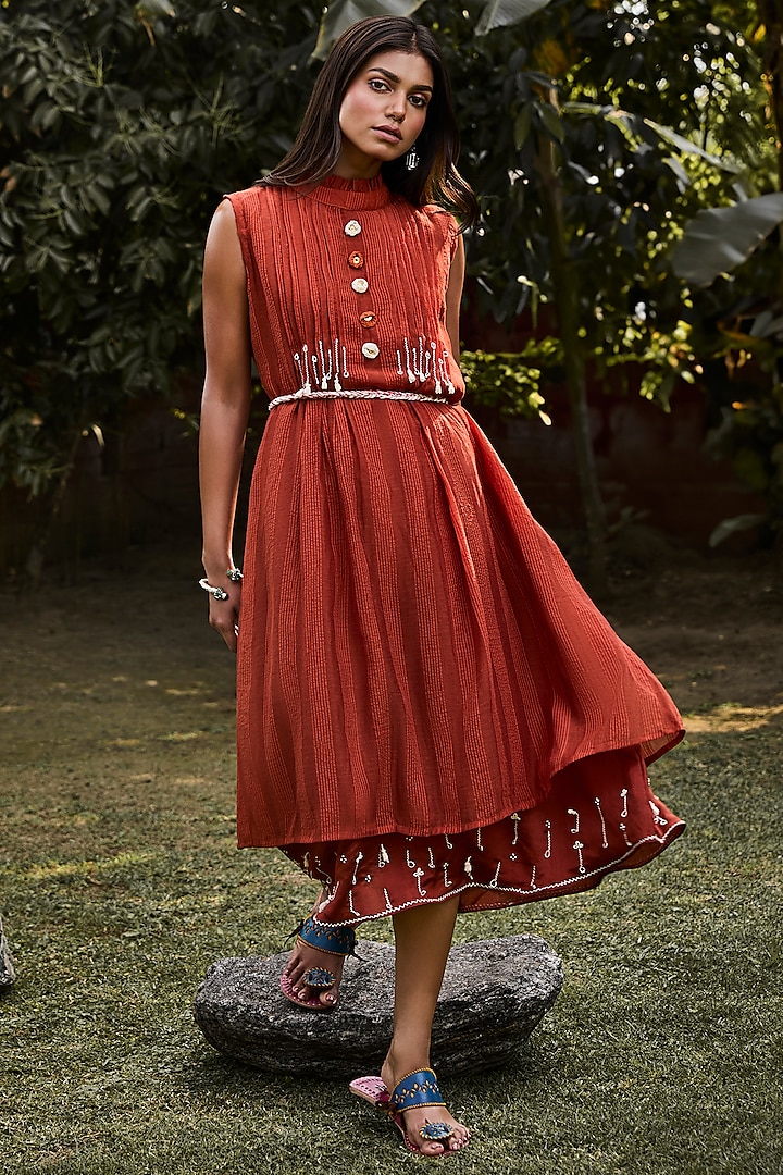 Rust Handwoven Striped Cotton Pleated A-line Midi Dress With Belt by VAANI BESWAL at Pernia's Pop Up Shop