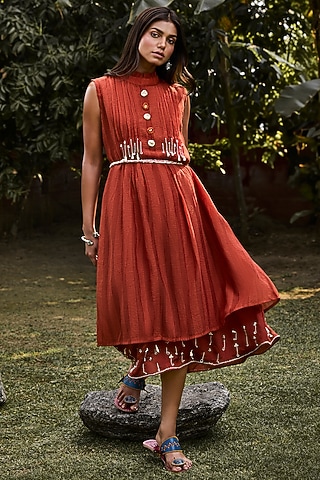 Rust Handwoven Striped Cotton Pleated A-line Midi Dress With Belt by VAANI BESWAL