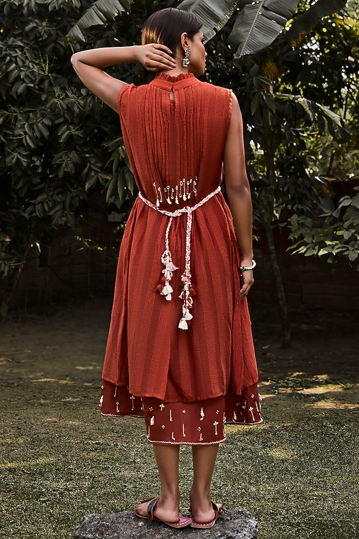 Rust Handwoven Striped Cotton Pleated A-line Midi Summer Dress With Belt by VAANI BESWAL at Pernia's Pop Up Shop