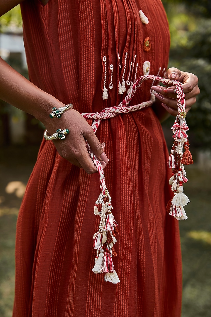 Rust Handwoven Striped Cotton Pleated A-line Midi Summer Dress With Belt by VAANI BESWAL at Pernia's Pop Up Shop