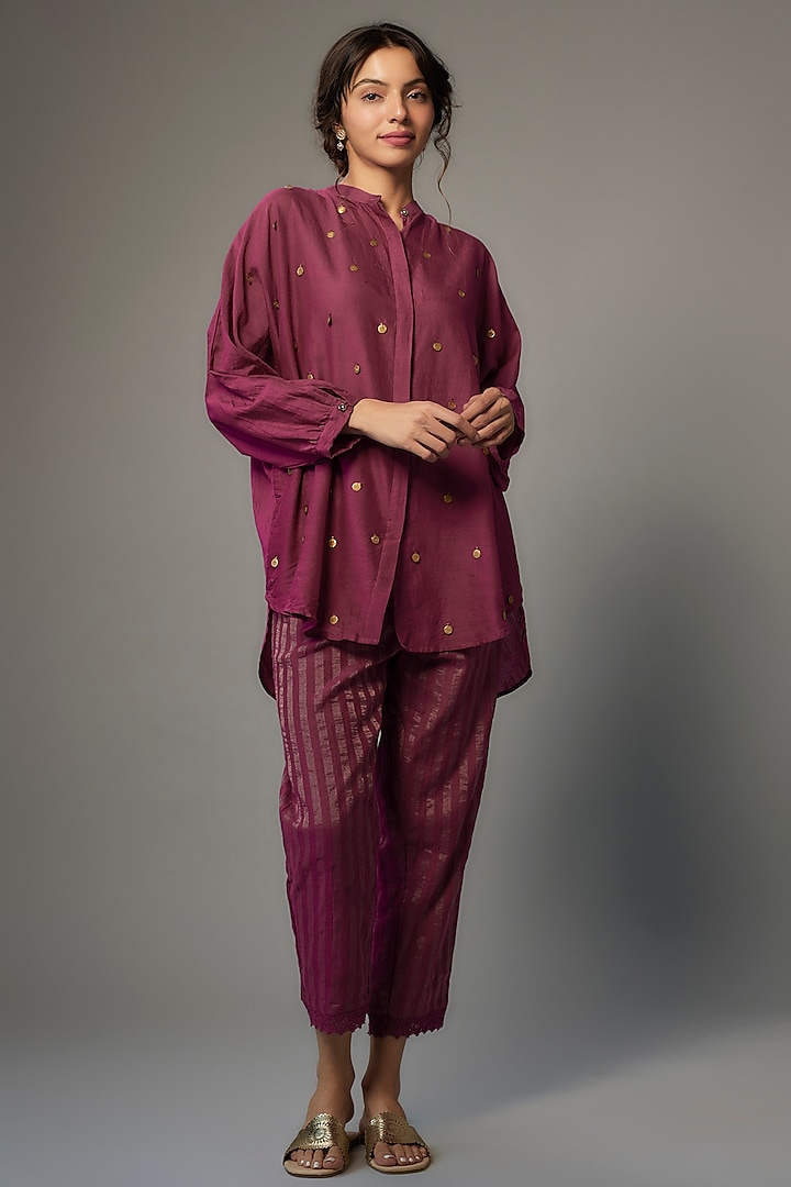 Wine Cotton Silk Embellished Co-Ord Set by VAANI BESWAL