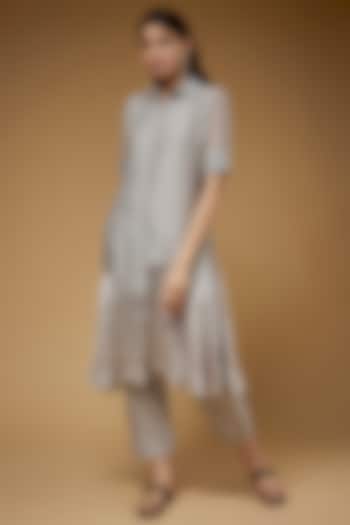 Grey Malai Chanderi Shirt Kurta Set by VAANI BESWAL