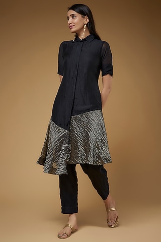 Black Handwoven Chanderi Tunic Set by VAANI BESWAL