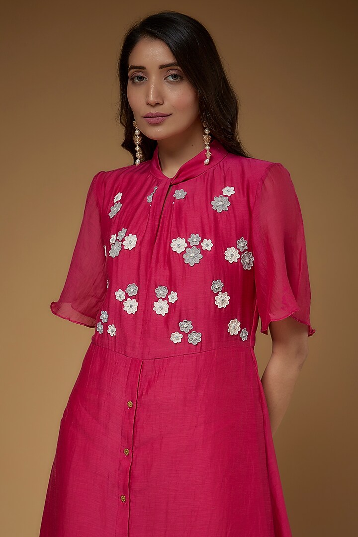 Pink Malai Chanderi Floral Embroidered Vacation Dress by VAANI BESWAL at Pernia's Pop Up Shop