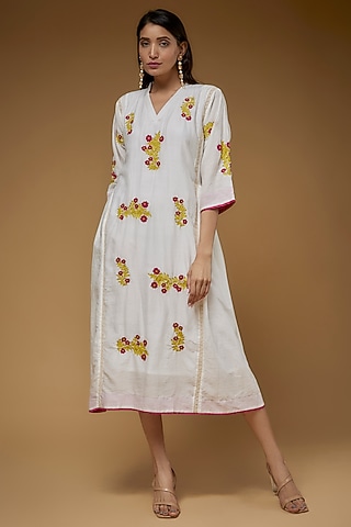 White Cotton Silk Applique Embroidered Gathered Dress by VAANI BESWAL