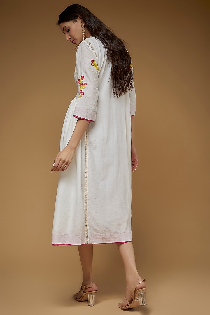 White Cotton Silk Applique Embroidered Gathered Vacation Dress by VAANI BESWAL at Pernia's Pop Up Shop