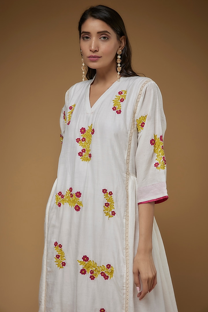 White Cotton Silk Applique Embroidered Gathered Vacation Dress by VAANI BESWAL at Pernia's Pop Up Shop