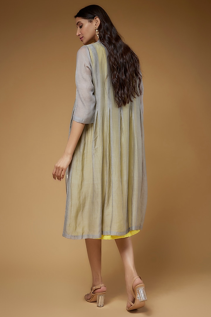 Grey & Yellow Malai Chanderi Applique Embroidered Pleated Jacket Vacation Dress by VAANI BESWAL at Pernia's Pop Up Shop