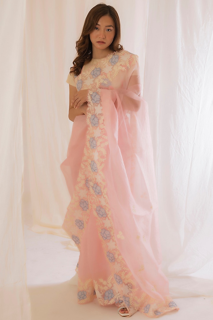 Pink Silk Organza Embroidered Saree by VAANI BESWAL