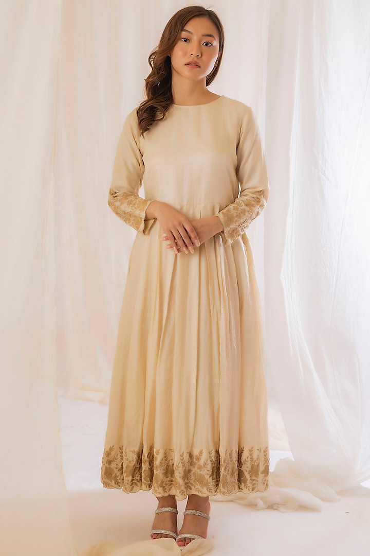 Beige Tussar Silk Embroidered Dress by VAANI BESWAL