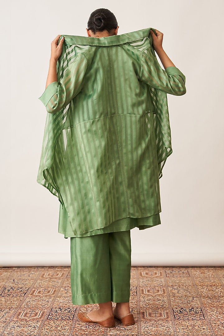 Pista Green Pure Silk Chanderi Jacket Set by Vaaya at Pernia's Pop Up Shop