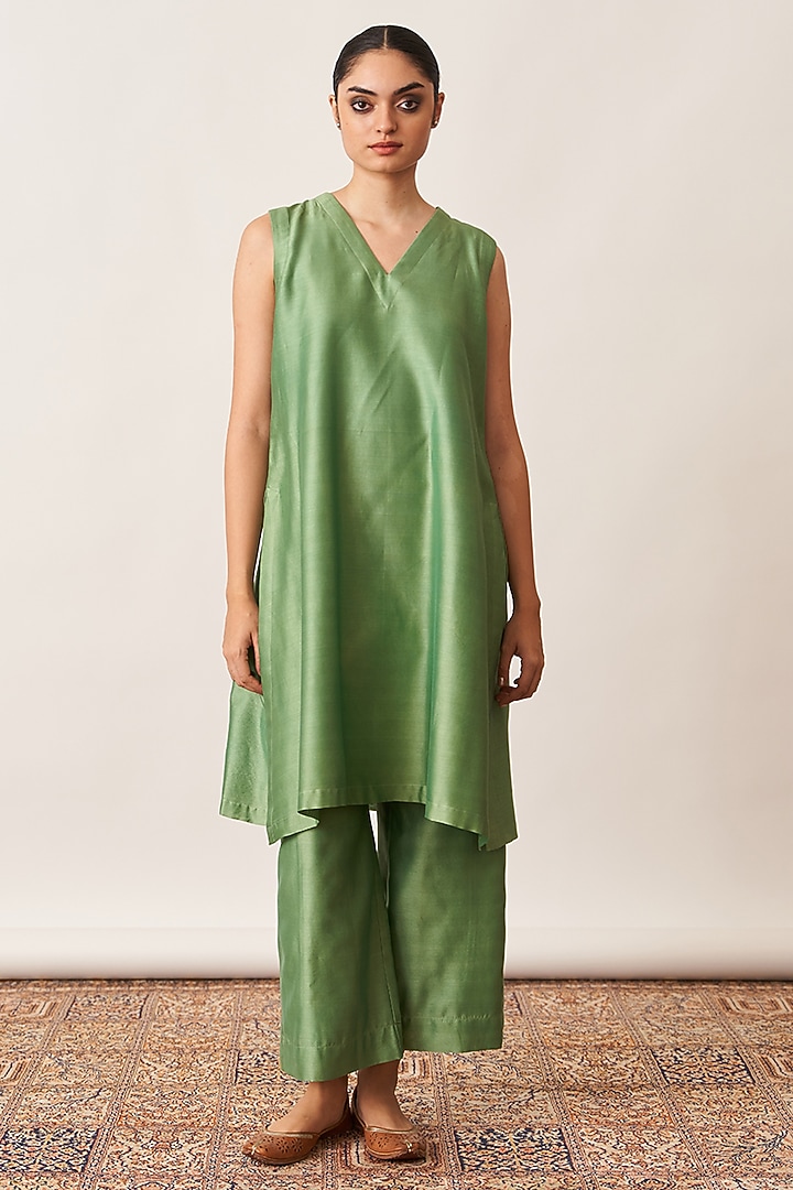 Pista Green Pure Silk Chanderi Jacket Set by Vaaya at Pernia's Pop Up Shop