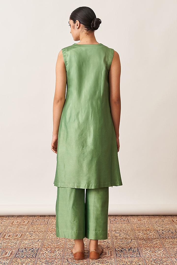 Pista Green Pure Silk Chanderi Jacket Set by Vaaya at Pernia's Pop Up Shop