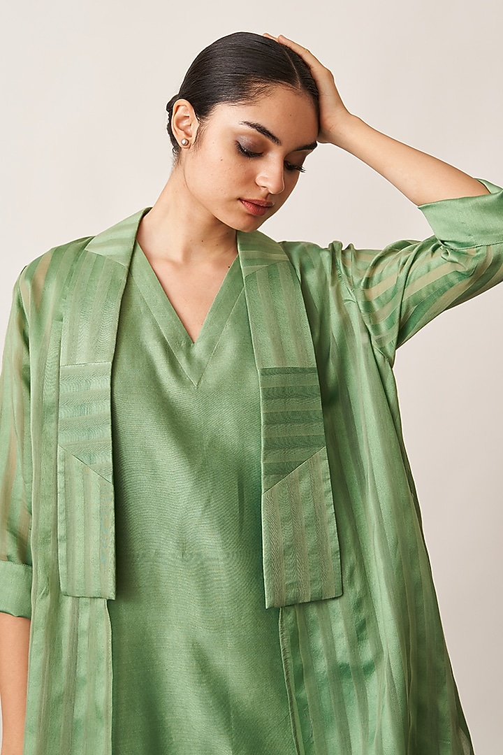 Pista Green Pure Silk Chanderi Jacket Set by Vaaya at Pernia's Pop Up Shop