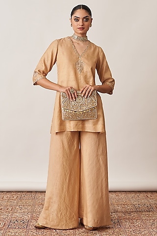 Gold  Pure Silk Tissue Chanderi Gharara Set by Vaaya