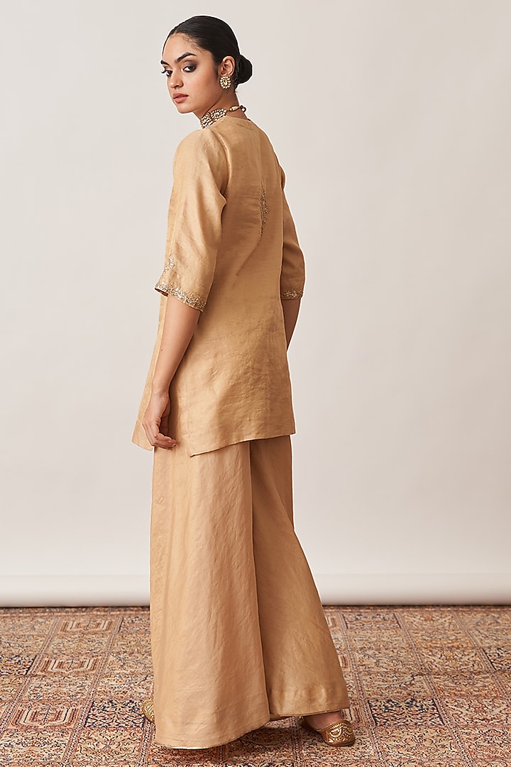 Gold  Pure Silk Tissue Chanderi Gharara Set by Vaaya at Pernia's Pop Up Shop