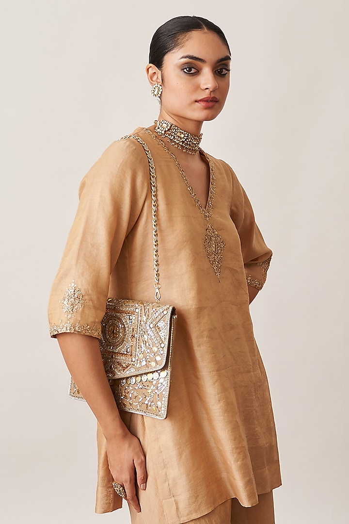 Gold  Pure Silk Tissue Chanderi Gharara Set by Vaaya at Pernia's Pop Up Shop