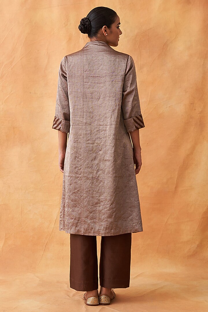 Silver & Brown Pure Silk Tissue Chanderi Kurta Set by Vaaya at Pernia's Pop Up Shop