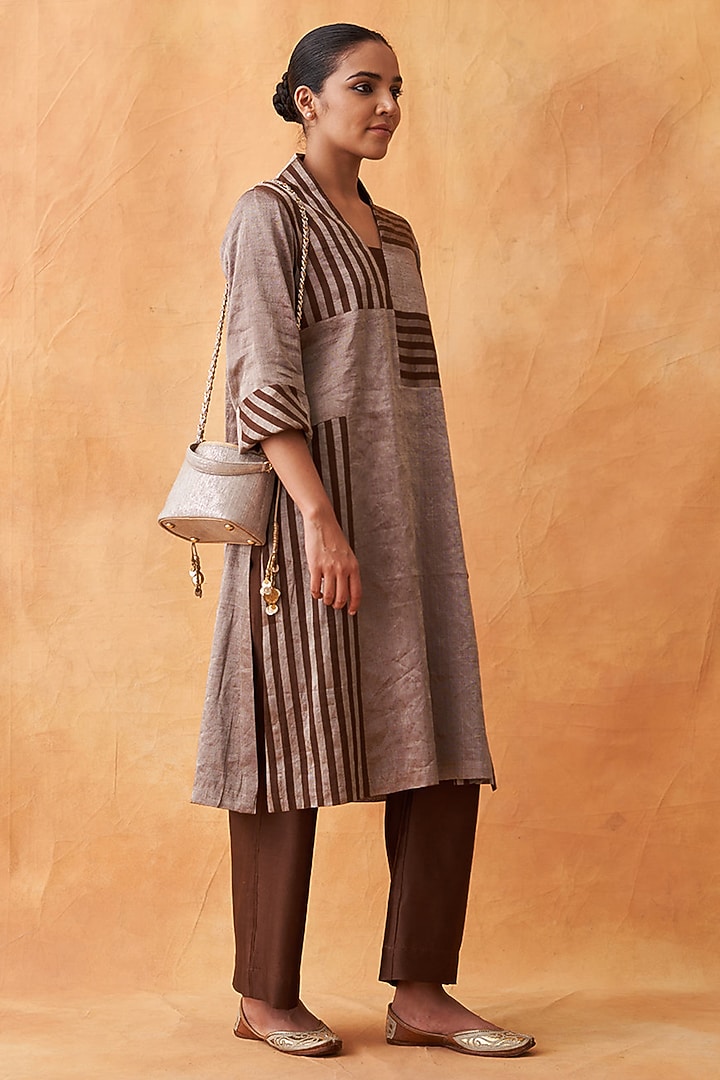 Silver & Brown Pure Silk Tissue Chanderi Kurta Set by Vaaya at Pernia's Pop Up Shop