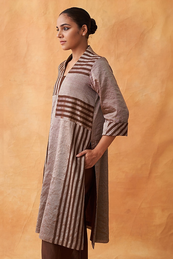 Silver & Brown Pure Silk Tissue Chanderi Kurta Set by Vaaya at Pernia's Pop Up Shop
