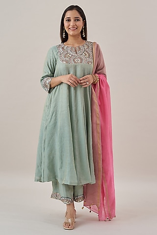 Mint Green Pure Silk Tissue Chanderi Kurta Set by Vaaya