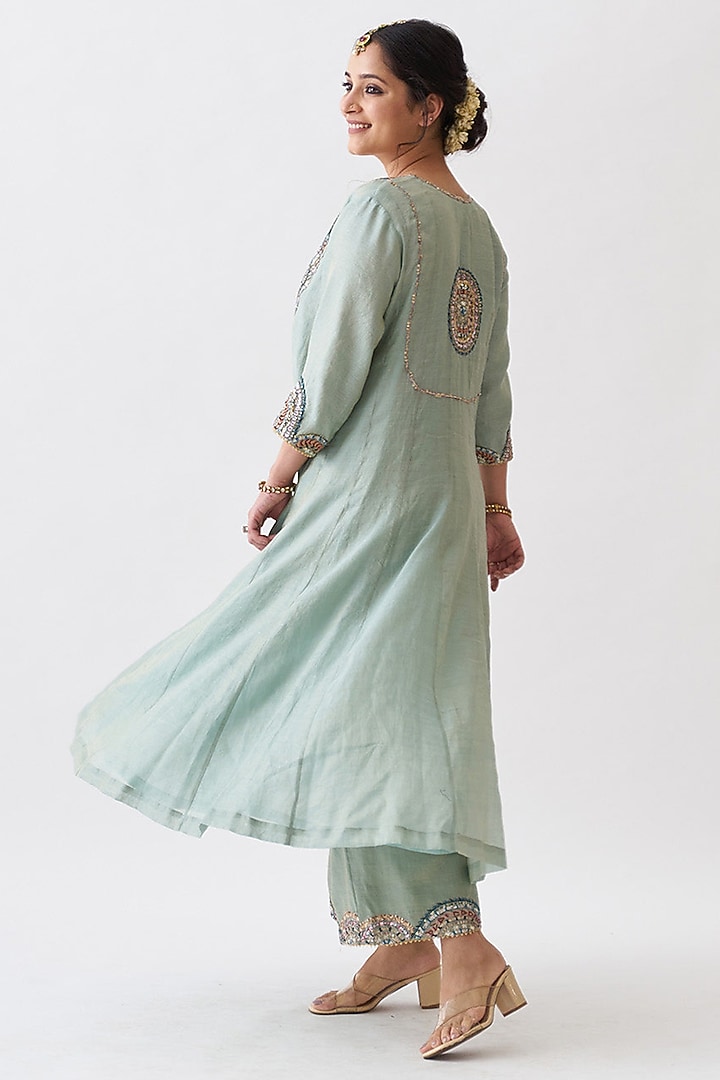 Mint Green Pure Silk Tissue Chanderi Kurta Set by Vaaya at Pernia's Pop Up Shop