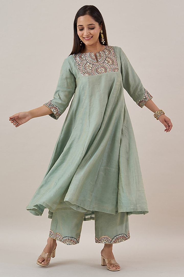 Mint Green Pure Silk Tissue Chanderi Kurta Set by Vaaya at Pernia's Pop Up Shop