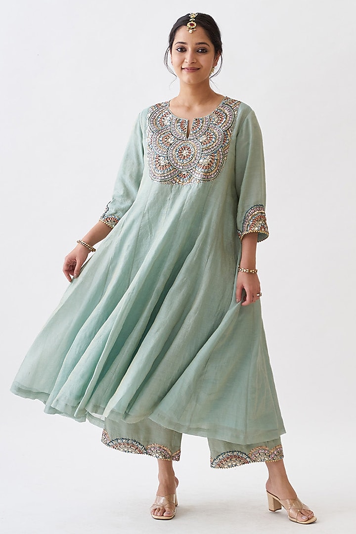 Mint Green Pure Silk Tissue Chanderi Kurta Set by Vaaya at Pernia's Pop Up Shop