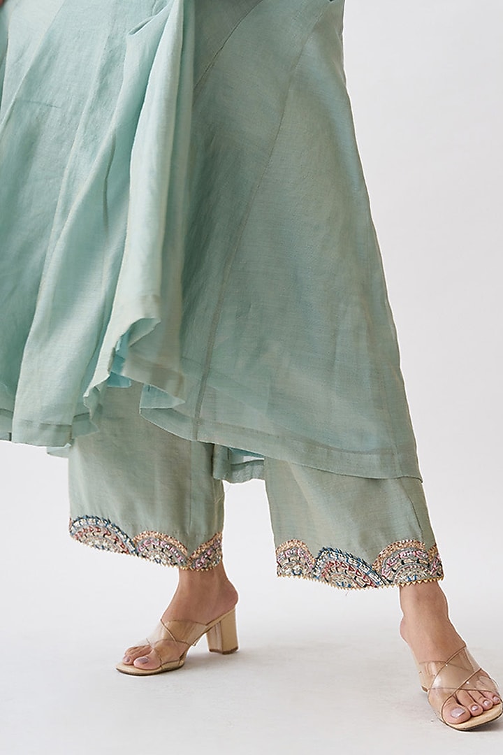 Mint Green Pure Silk Tissue Chanderi Kurta Set by Vaaya at Pernia's Pop Up Shop