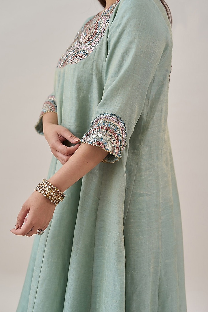Mint Green Pure Silk Tissue Chanderi Kurta Set by Vaaya at Pernia's Pop Up Shop