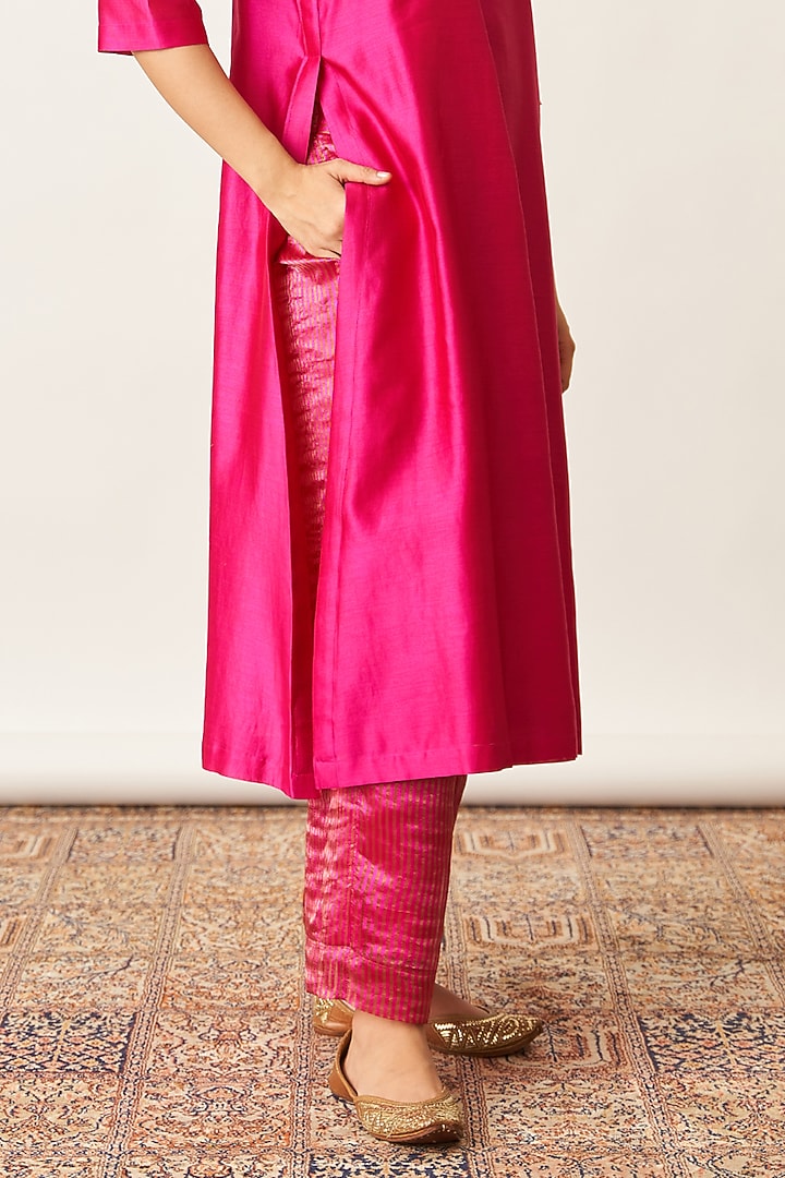 Rani Pink Silk Tissue Chanderi Kurta Set by Vaaya at Pernia's Pop Up Shop