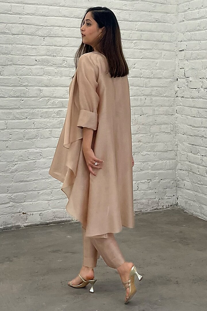 Light Beige Pure Silk Chanderi Asymmetric Jacket Set by Vaaya at Pernia's Pop Up Shop